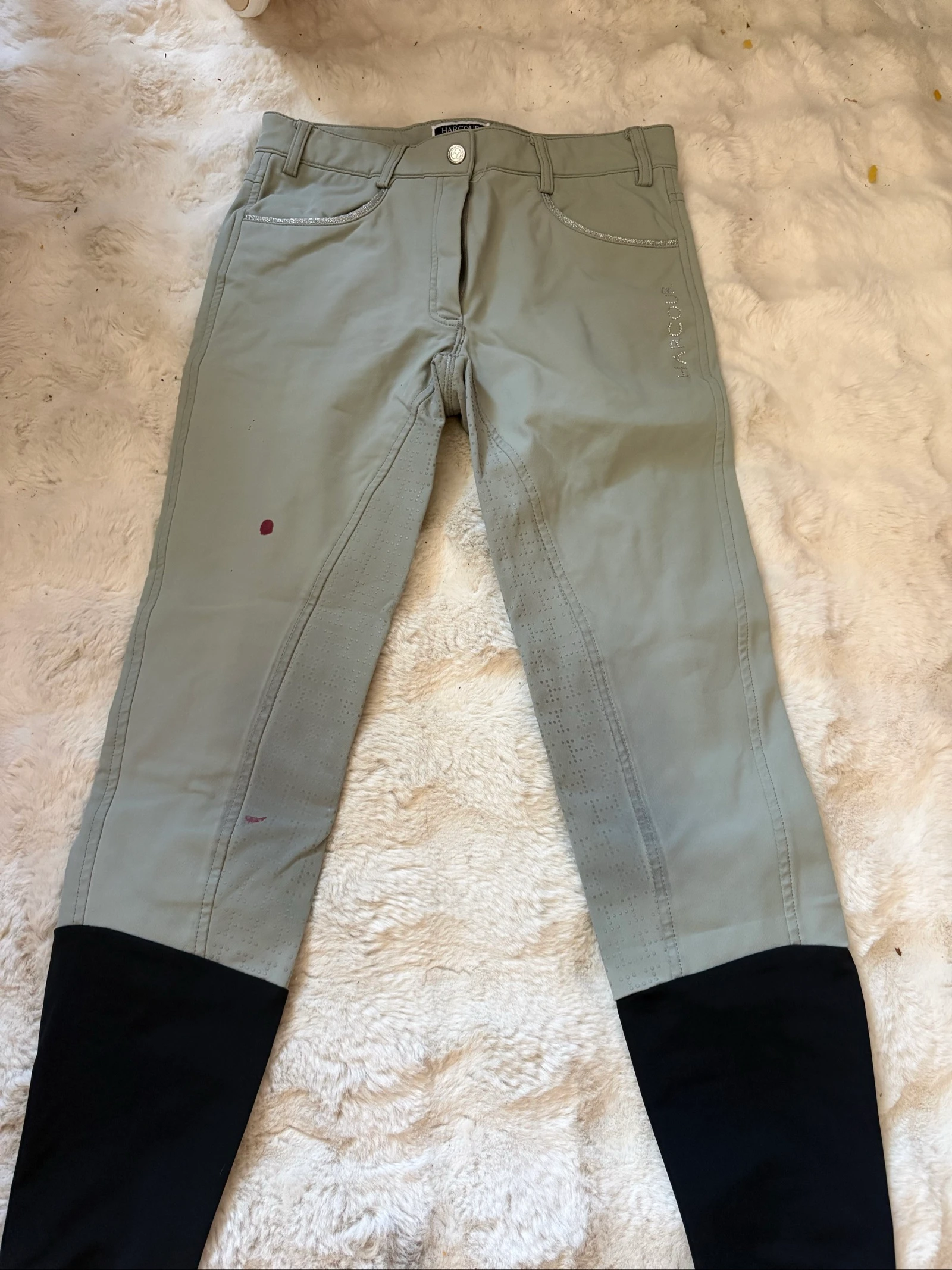Pantalon d’équitation Harcour Equistrian taille 34, coloris vert sauge clair / gris vert.